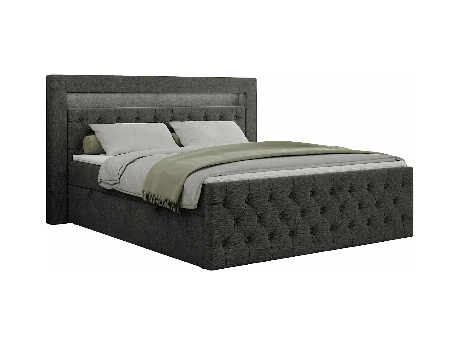 Boxspringbett GOLD 9 mit Stauraum, Multipocket-Matratze, gestepptes Bett, LED Beleuchtung - 160x200 cm - H4 - Dunkelgrau Strukture