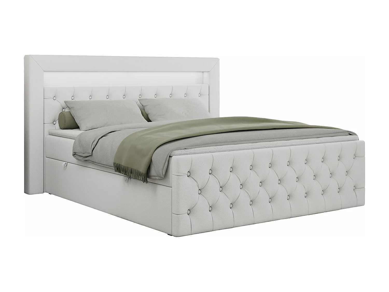 Boxspringbett GOLD 9 mit Stauraum, Multipocket-Matratze, gestepptes Bett, LED Beleuchtung - 180x200 cm - H3 - Weiß Kunstleder