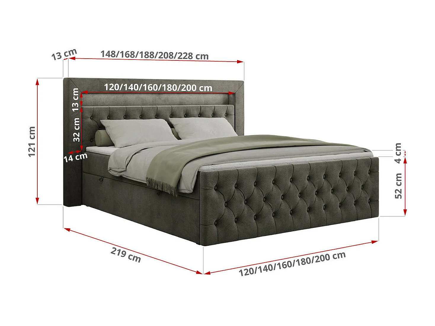 Boxspringbett GOLD 9 mit Stauraum, Multipocket-Matratze, gestepptes Bett, LED Beleuchtung - 120x200 cm - H3 - Dunkelgrau Velvet
