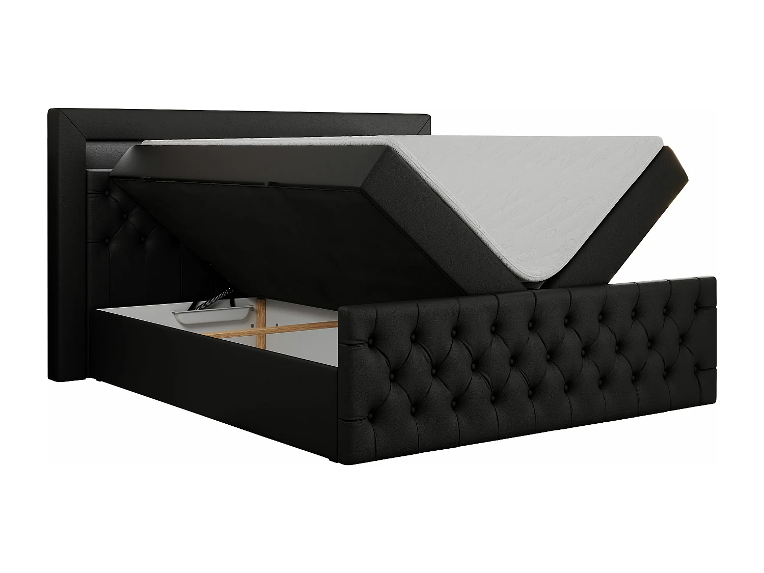 Boxspringbett GOLD 9 mit Stauraum, Multipocket-Matratze, gestepptes Bett, LED Beleuchtung - 140x200 cm - H4 - Schwarz Kunstleder