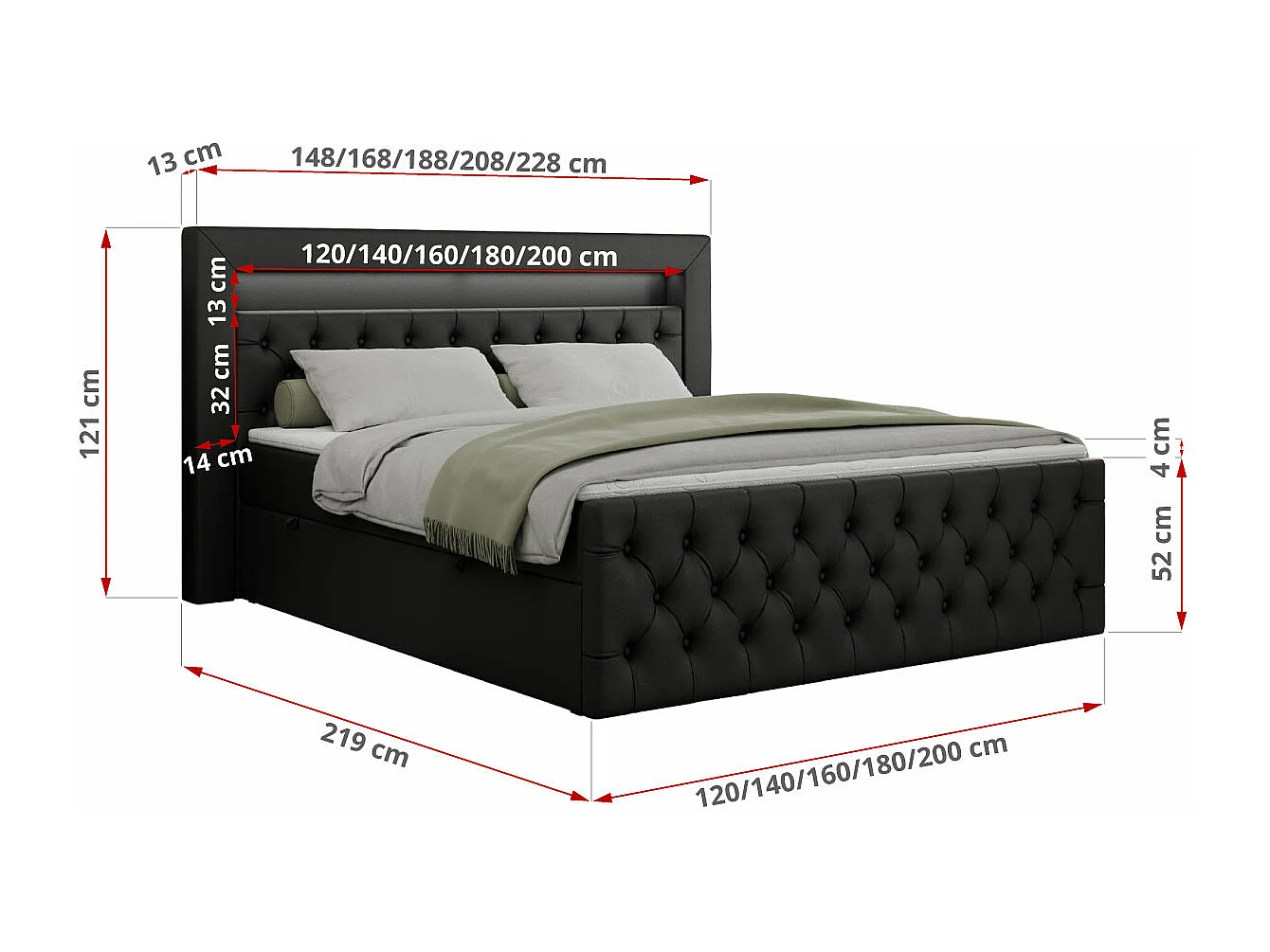Boxspringbett GOLD 9 mit Stauraum, Multipocket-Matratze, gestepptes Bett, LED Beleuchtung - 140x200 cm - H4 - Schwarz Kunstleder