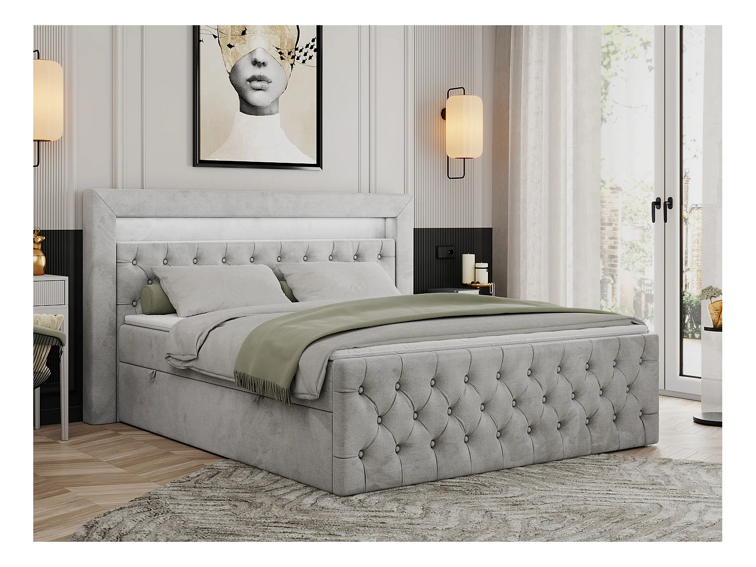 Boxspringbett GOLD 9 mit Stauraum, Multipocket-Matratze, gestepptes Bett, LED Beleuchtung - 160x200 cm - H3 - Hellgrau Velvet