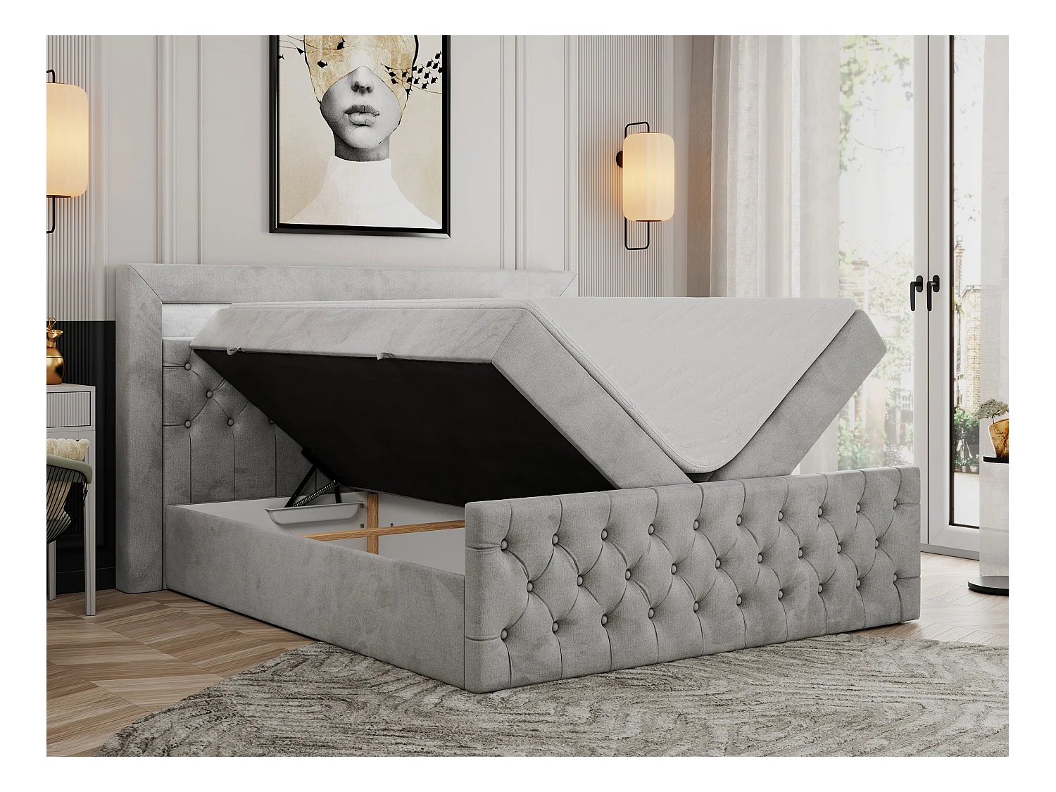 Boxspringbett GOLD 9 mit Stauraum, Multipocket-Matratze, gestepptes Bett, LED Beleuchtung - 160x200 cm - H3 - Hellgrau Velvet