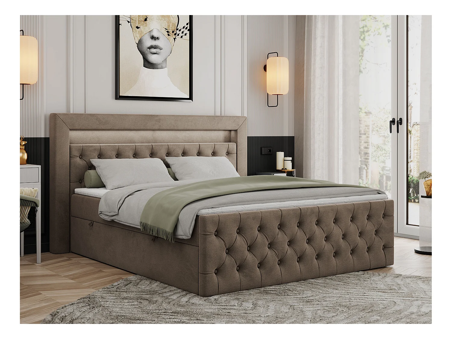 Boxspringbett GOLD 9 mit Stauraum, Multipocket-Matratze, gestepptes Bett, LED Beleuchtung - 120x200 cm - H3 - Braun Velvet