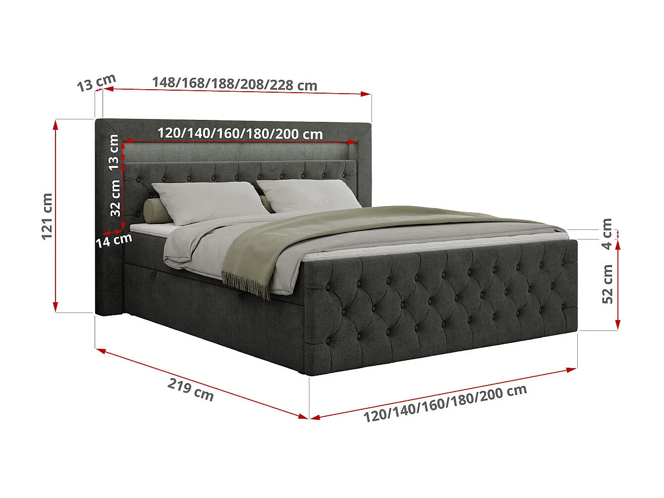 Boxspringbett GOLD 9 mit Stauraum, Multipocket-Matratze, gestepptes Bett, LED Beleuchtung - 180x200 cm - H4 - Dunkelgrau Strukture