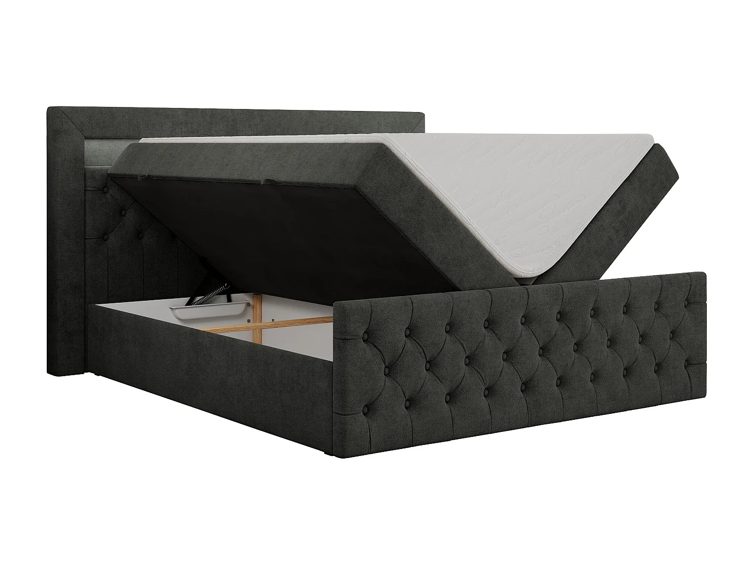 Boxspringbett GOLD 9 mit Stauraum, Multipocket-Matratze, gestepptes Bett, LED Beleuchtung - 180x200 cm - H4 - Dunkelgrau Strukture