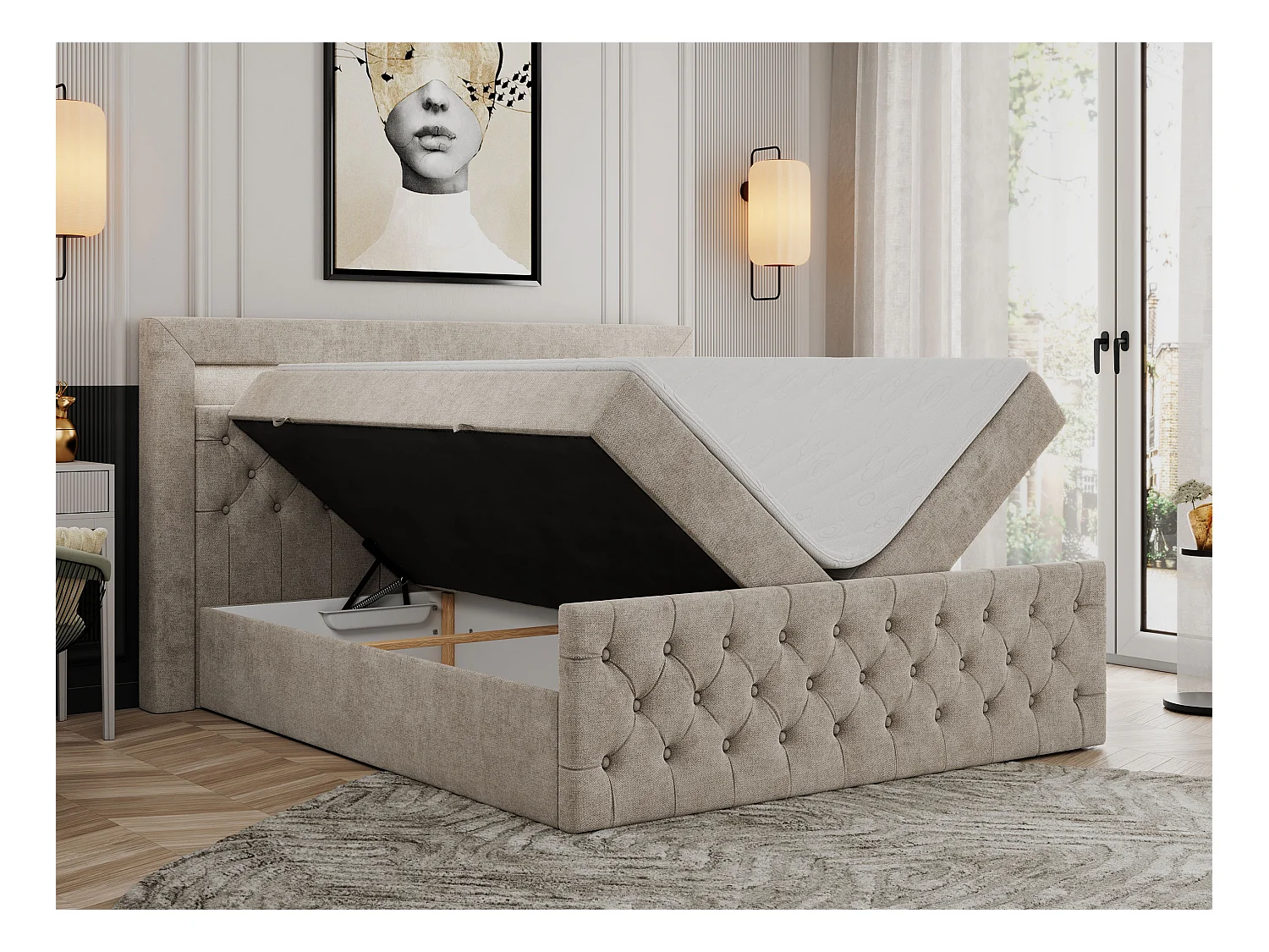 Boxspringbett GOLD 9 mit Stauraum, Multipocket-Matratze, gestepptes Bett, LED Beleuchtung - 200x200 cm - H3 - Beige Strukture