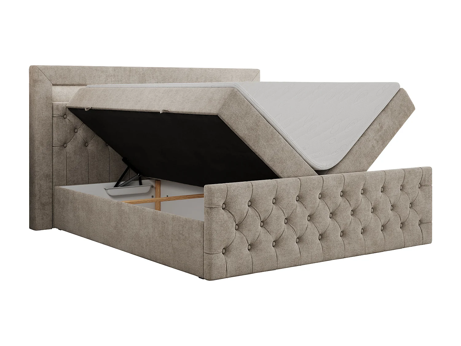 Boxspringbett GOLD 9 mit Stauraum, Multipocket-Matratze, gestepptes Bett, LED Beleuchtung - 200x200 cm - H3 - Beige Strukture