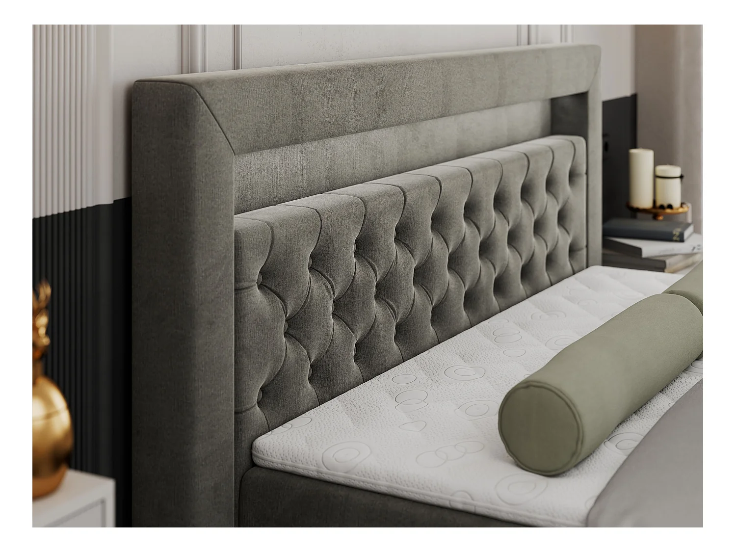 Boxspringbett GOLD 9 mit Stauraum, Multipocket-Matratze, gestepptes Bett, LED Beleuchtung - 120x200 cm - H4 - Dunkelgrau Velvet
