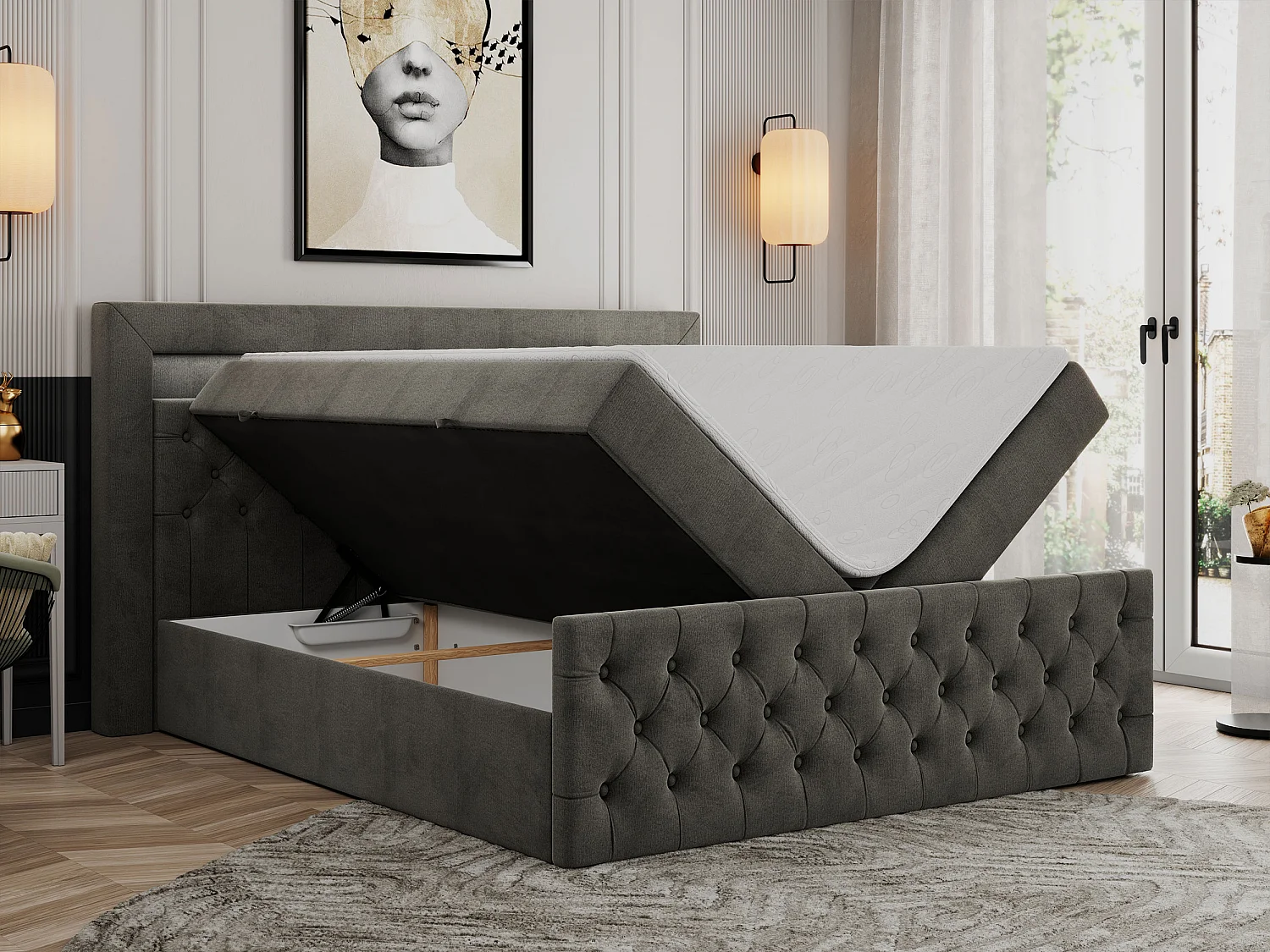 Boxspringbett GOLD 9 mit Stauraum, Multipocket-Matratze, gestepptes Bett, LED Beleuchtung - 120x200 cm - H4 - Dunkelgrau Velvet