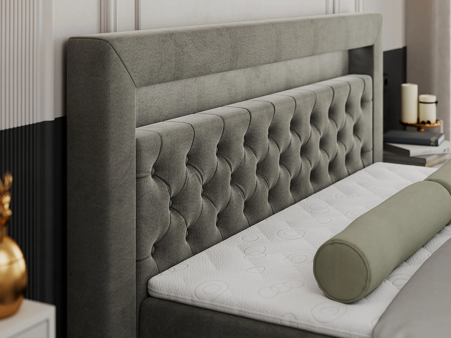 Boxspringbett GOLD 9 mit Stauraum, Multipocket-Matratze, gestepptes Bett, LED Beleuchtung - 120x200 cm - H4 - Dunkelgrau Velvet