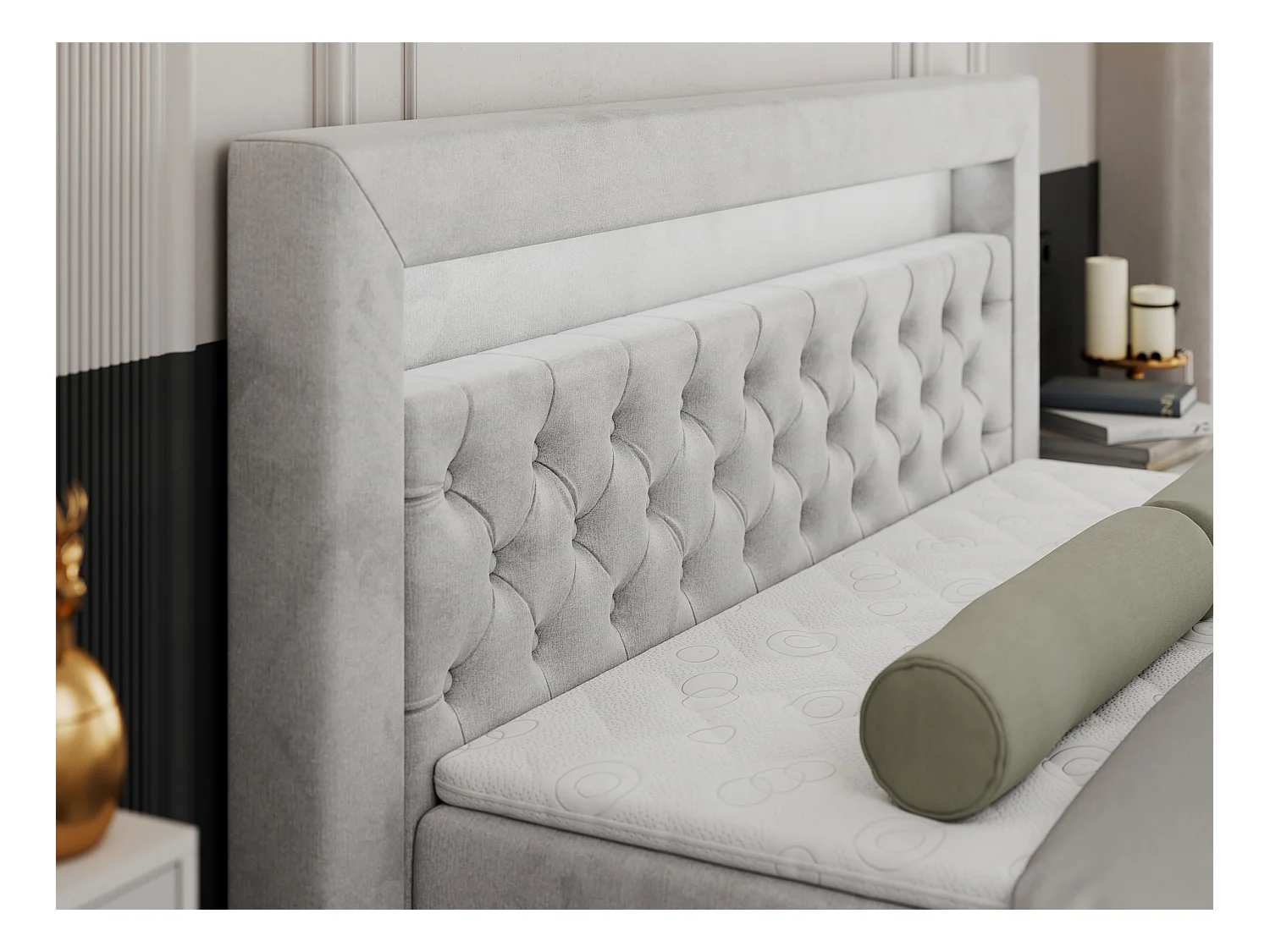 Boxspringbett GOLD 9 mit Stauraum, Multipocket-Matratze, gestepptes Bett, LED Beleuchtung - 200x200 cm - H4 - Hellgrau Velvet