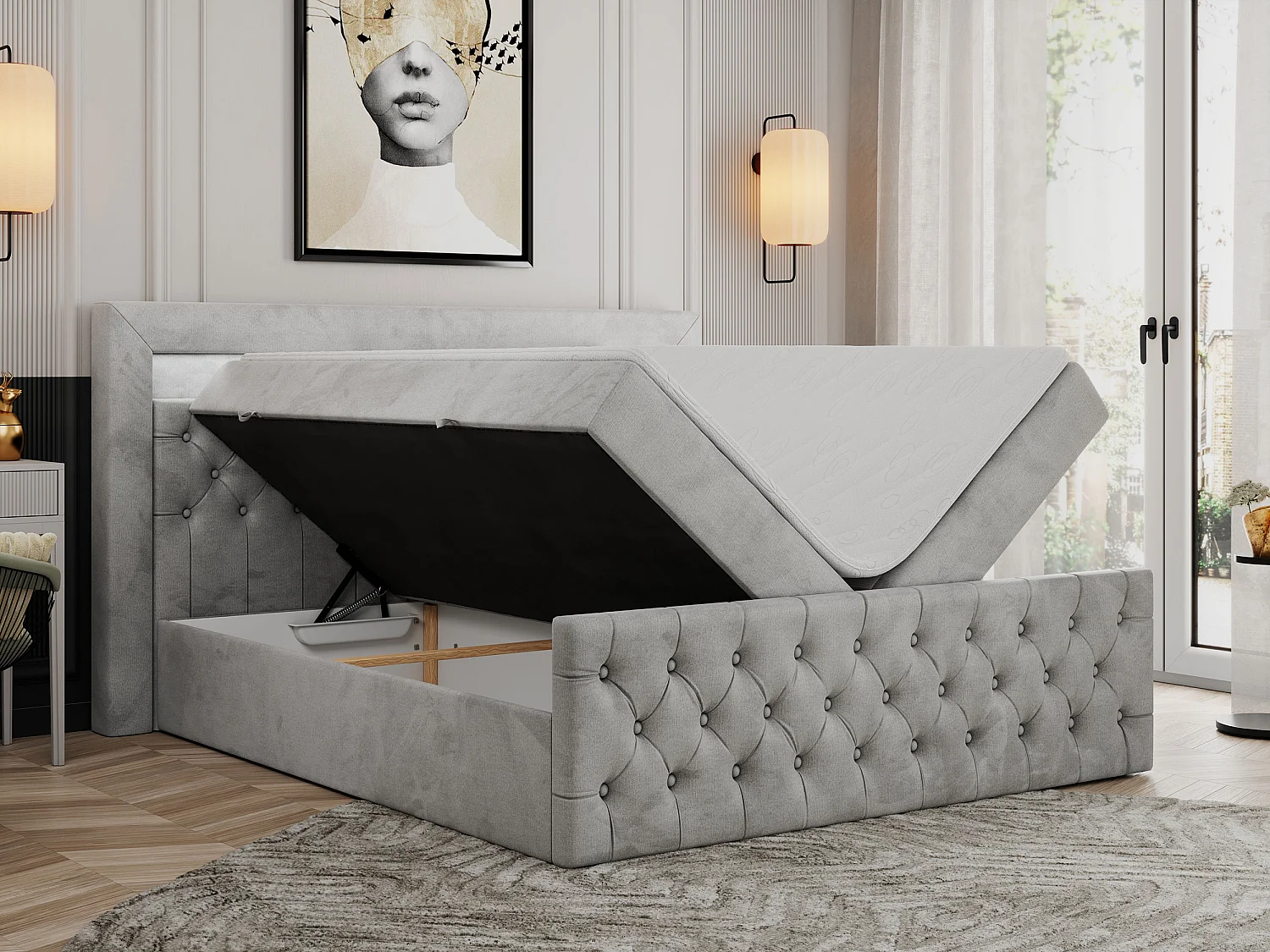 Boxspringbett GOLD 9 mit Stauraum, Multipocket-Matratze, gestepptes Bett, LED Beleuchtung - 200x200 cm - H4 - Hellgrau Velvet