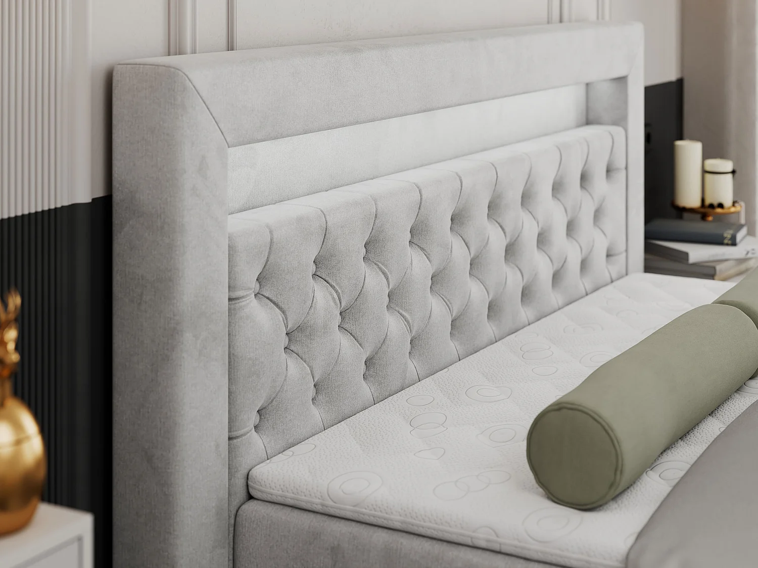 Boxspringbett GOLD 9 mit Stauraum, Multipocket-Matratze, gestepptes Bett, LED Beleuchtung - 200x200 cm - H4 - Hellgrau Velvet