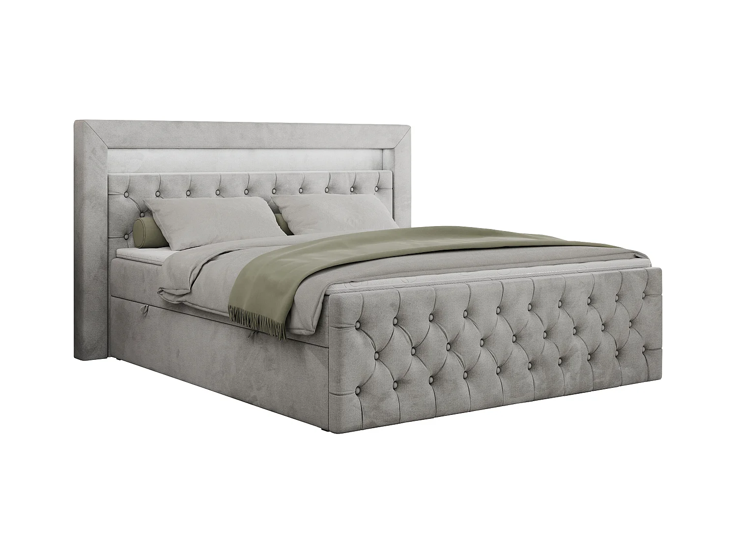 Boxspringbett GOLD 9 mit Stauraum, Multipocket-Matratze, gestepptes Bett, LED Beleuchtung - 160x200 cm - H4 - Hellgrau Velvet