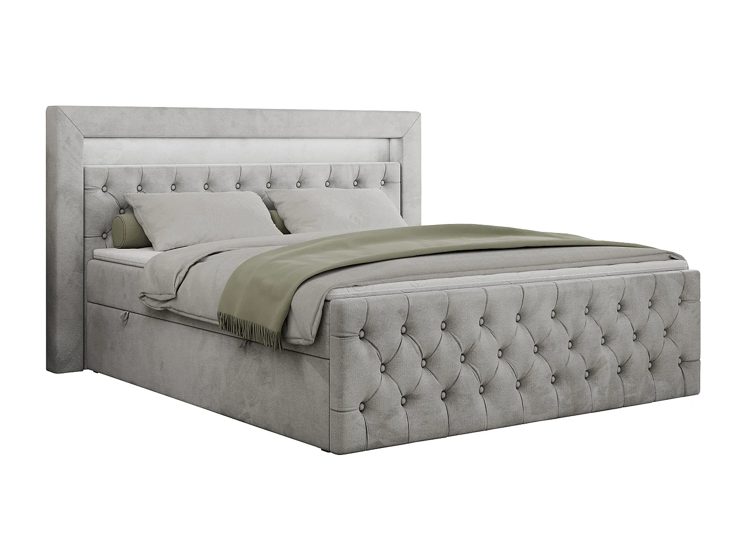 Boxspringbett GOLD 9 mit Stauraum, Multipocket-Matratze, gestepptes Bett, LED Beleuchtung - 160x200 cm - H4 - Hellgrau Velvet