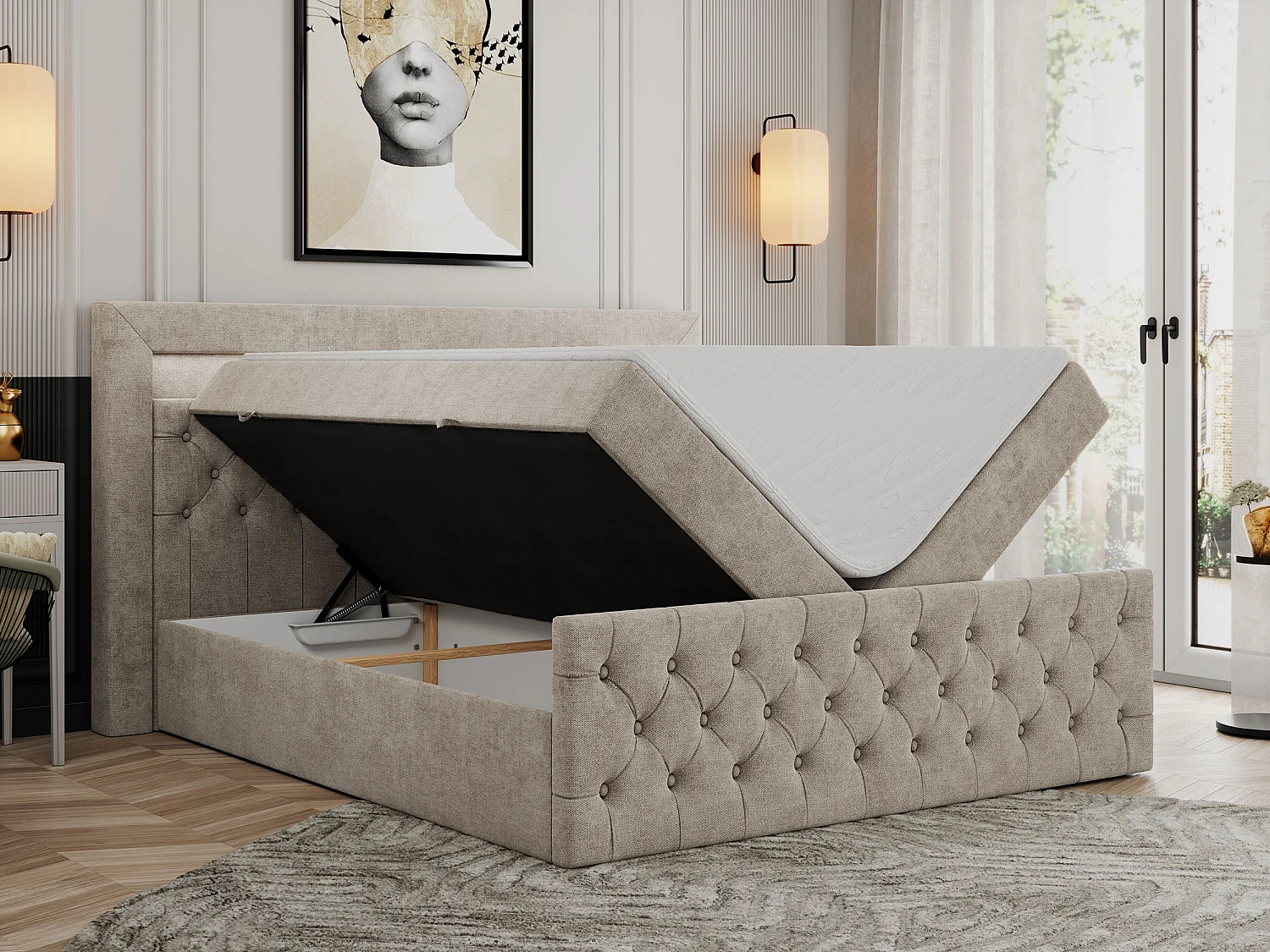 Boxspringbett GOLD 9 mit Stauraum, Multipocket-Matratze, gestepptes Bett, LED Beleuchtung - 180x200 cm - H3 - Beige Strukture