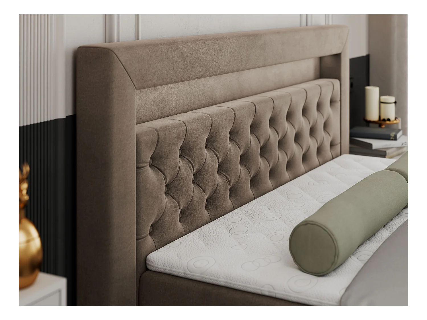 Boxspringbett GOLD 9 mit Stauraum, Multipocket-Matratze, gestepptes Bett, LED Beleuchtung - 160x200 cm - H3 - Braun Velvet