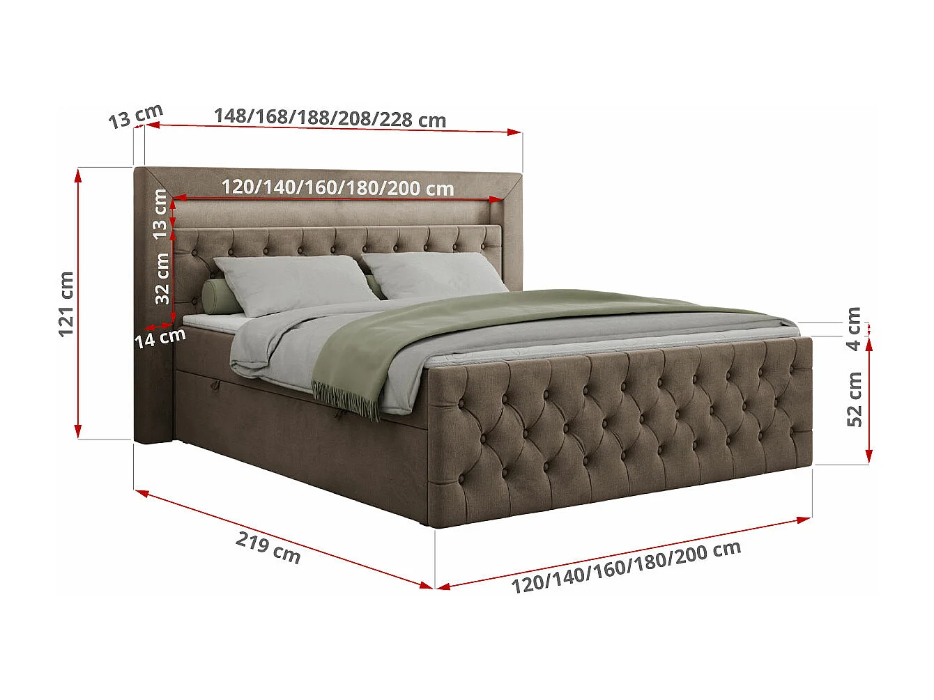 Boxspringbett GOLD 9 mit Stauraum, Multipocket-Matratze, gestepptes Bett, LED Beleuchtung - 160x200 cm - H3 - Braun Velvet