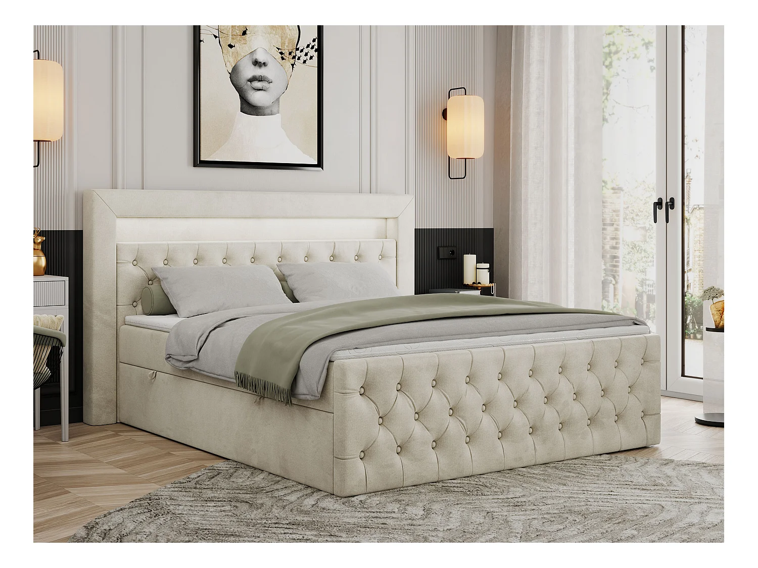 Boxspringbett GOLD 9 mit Stauraum, Multipocket-Matratze, gestepptes Bett, LED Beleuchtung - 180x200 cm - H3 - Beige Velvet