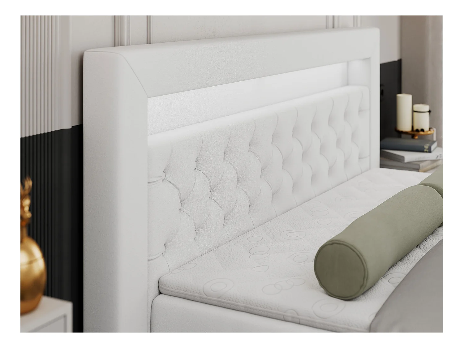 Boxspringbett GOLD 9 mit Stauraum, Multipocket-Matratze, gestepptes Bett, LED Beleuchtung - 140x200 cm - H3 - Weiß Kunstleder