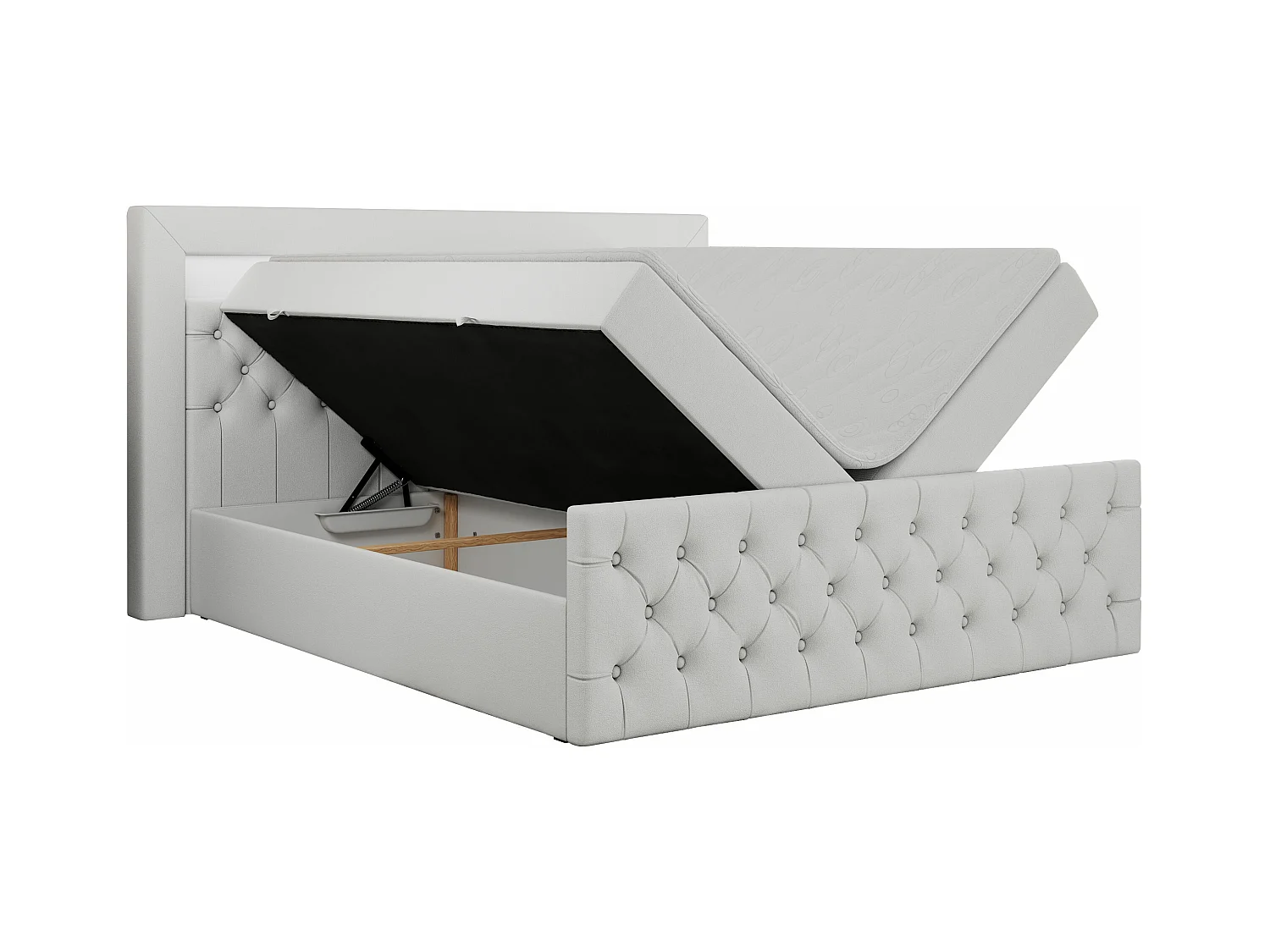 Boxspringbett GOLD 9 mit Stauraum, Multipocket-Matratze, gestepptes Bett, LED Beleuchtung - 140x200 cm - H3 - Weiß Kunstleder