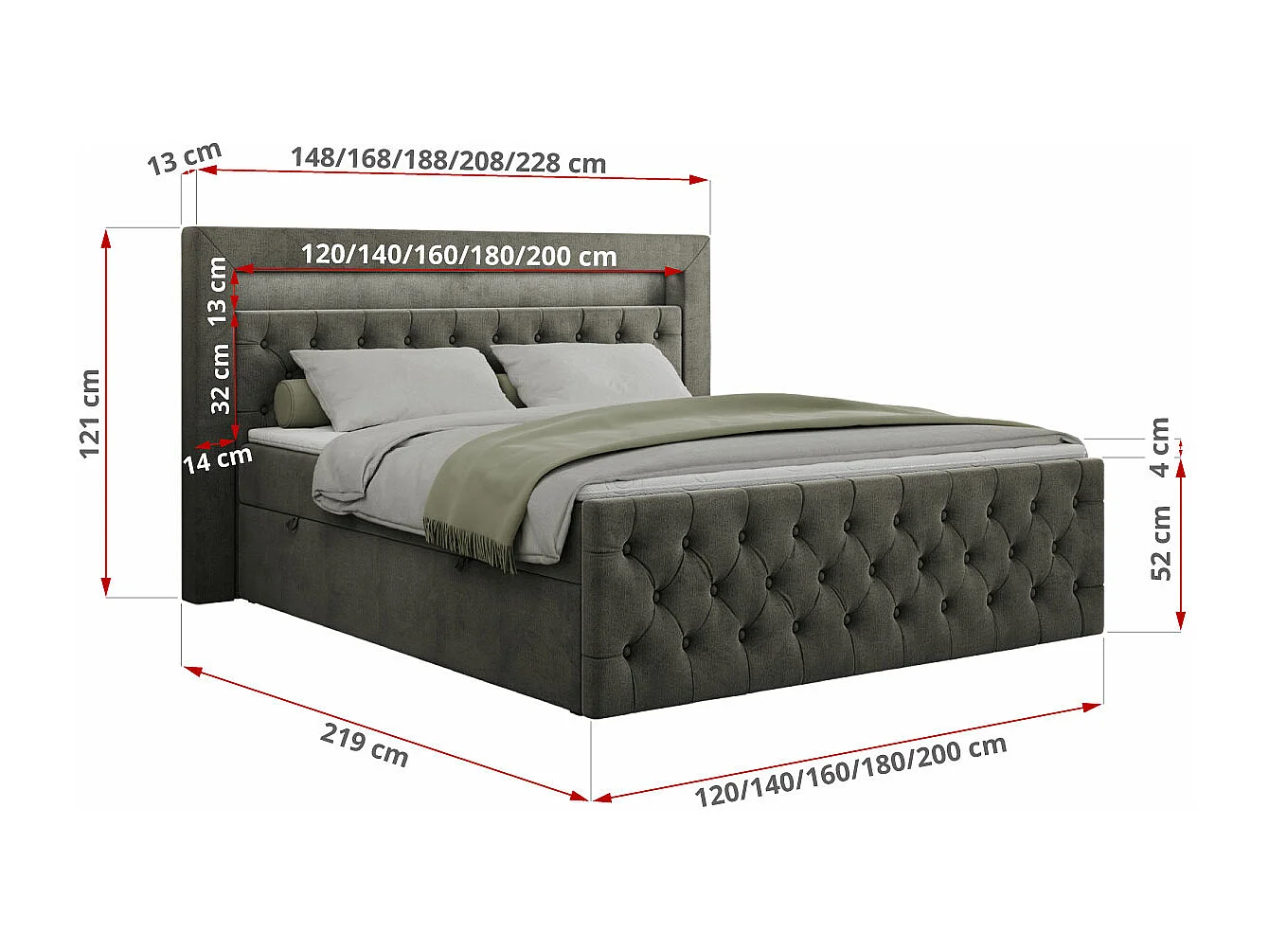 Boxspringbett GOLD 9 mit Stauraum, Multipocket-Matratze, gestepptes Bett, LED Beleuchtung - 160x200 cm - H3 - Dunkelgrau Velvet