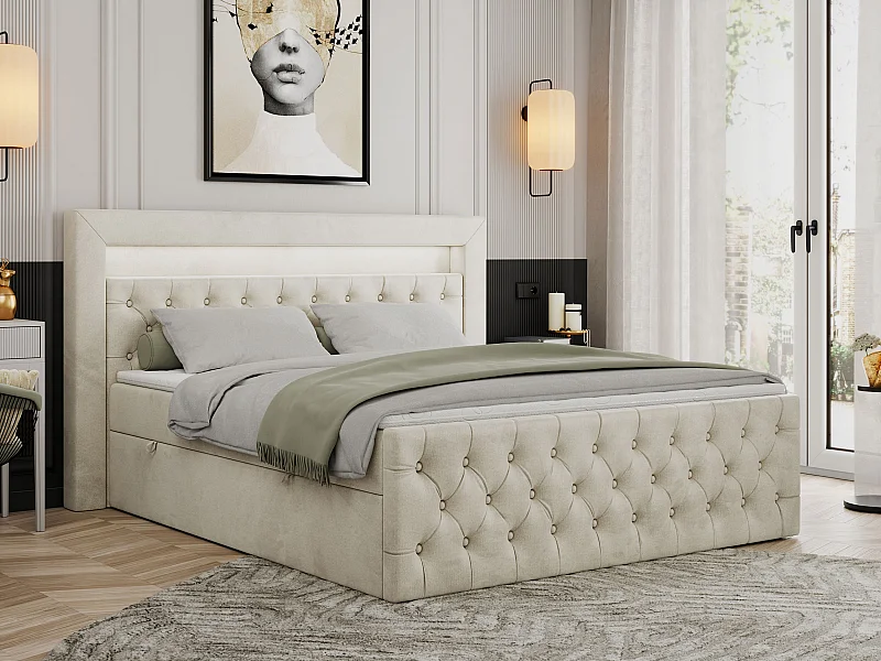 Boxspringbett GOLD 9 mit Stauraum, Multipocket-Matratze, gestepptes Bett, LED Beleuchtung - 140x200 cm - H4 - Beige Velvet