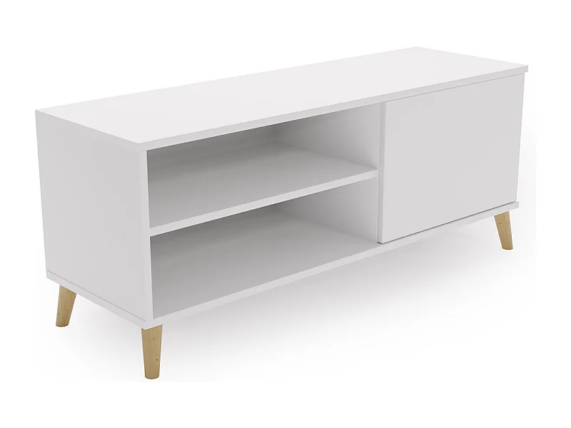 Meuble tv - viva - blanc - pieds en bois - style scandinave - l 110 cm x p 35 cm x h 51 cm – blanc