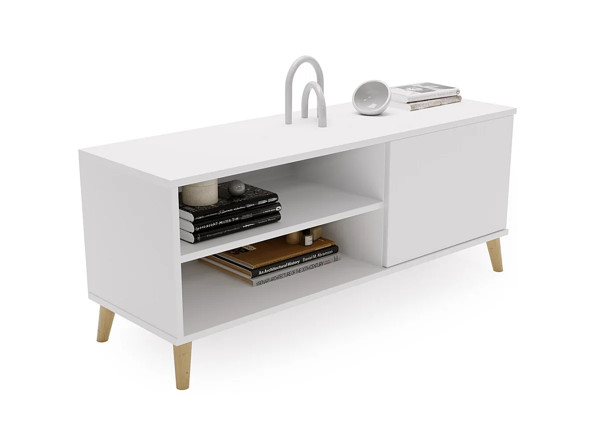 Meuble tv - viva - blanc - pieds en bois - style scandinave - l 110 cm x p 35 cm x h 51 cm – blanc