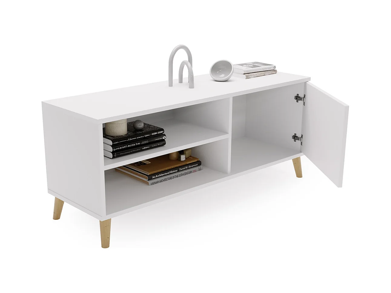 Meuble tv - viva - blanc - pieds en bois - style scandinave - l 110 cm x p 35 cm x h 51 cm – blanc