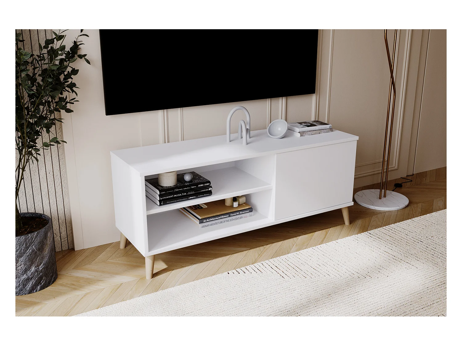 Meuble tv - viva - blanc - pieds en bois - style scandinave - l 110 cm x p 35 cm x h 51 cm – blanc