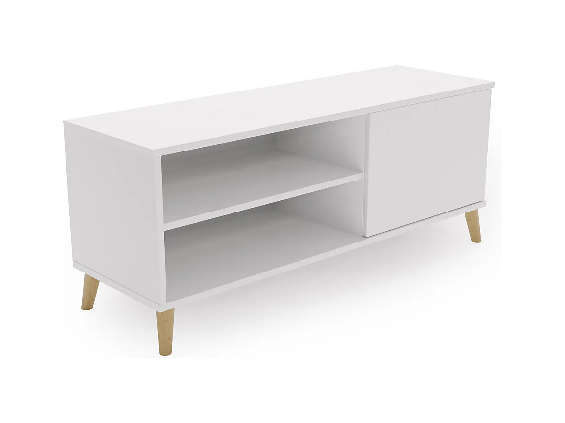 Meuble tv - viva - blanc - pieds en bois - style scandinave - l 110 cm x p 35 cm x h 51 cm – blanc