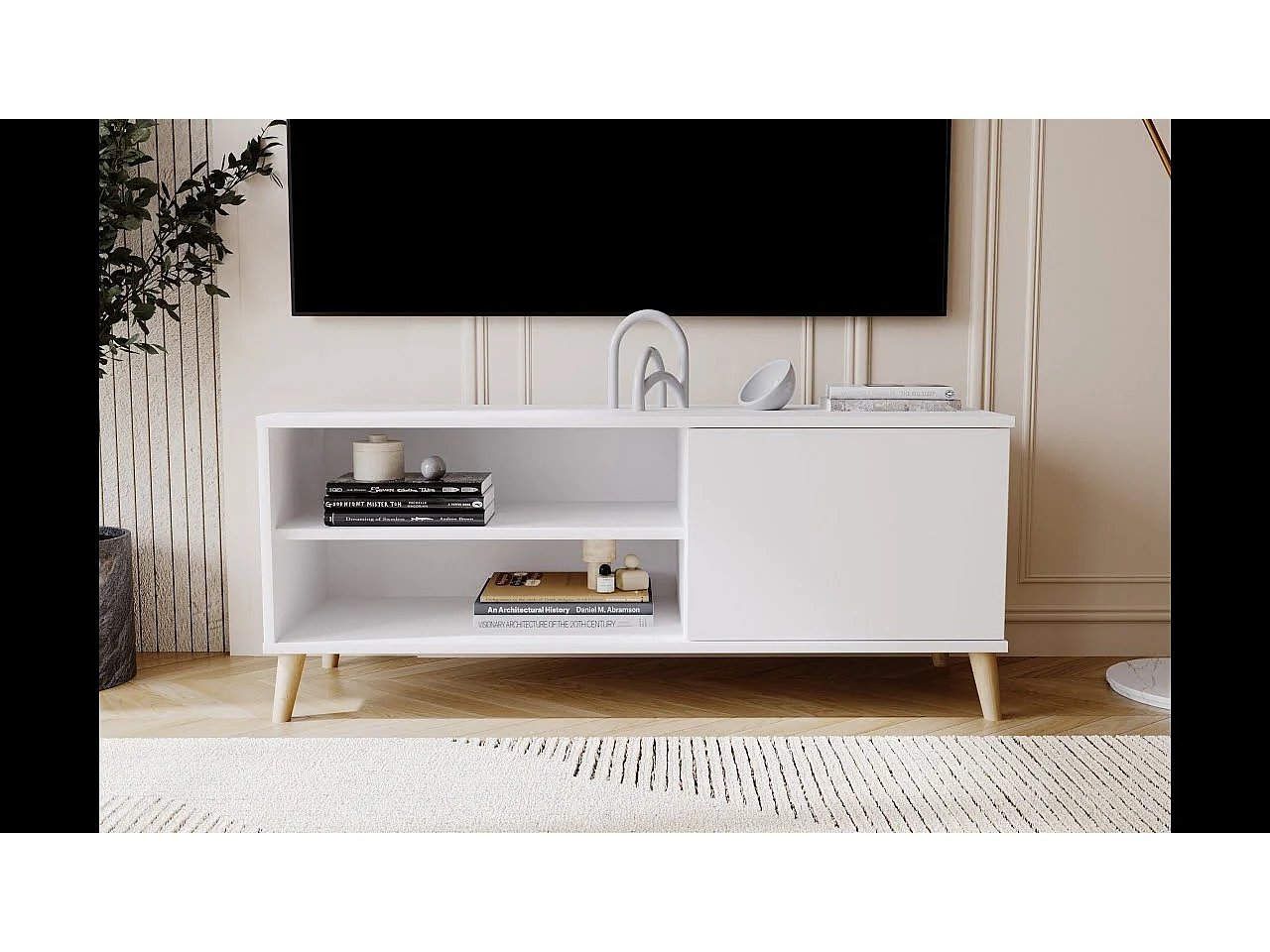 Meuble tv - viva - blanc - pieds en bois - style scandinave - l 110 cm x p 35 cm x h 51 cm – blanc