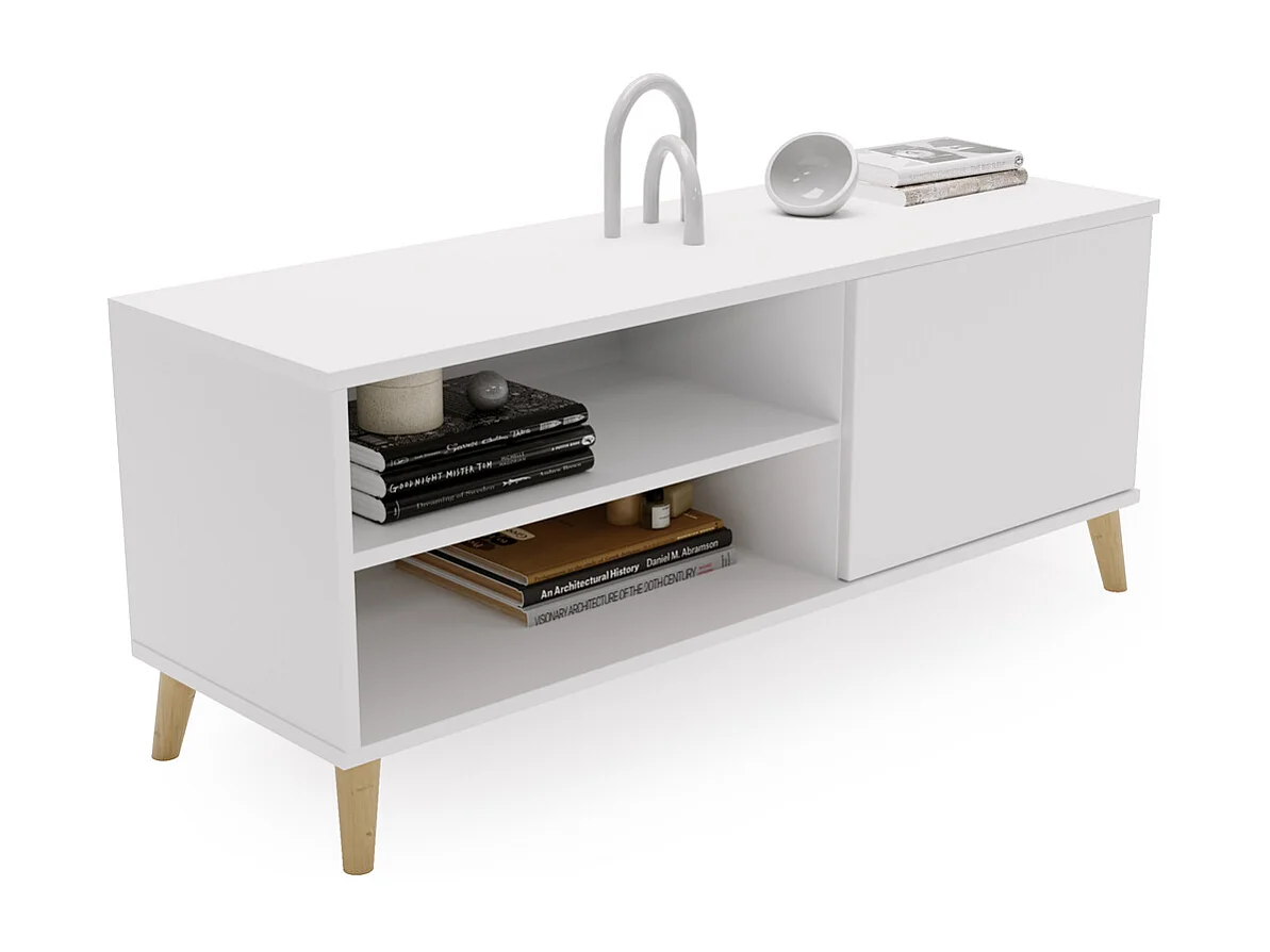 Meuble tv - viva - blanc - pieds en bois - style scandinave - l 110 cm x p 35 cm x h 51 cm – blanc