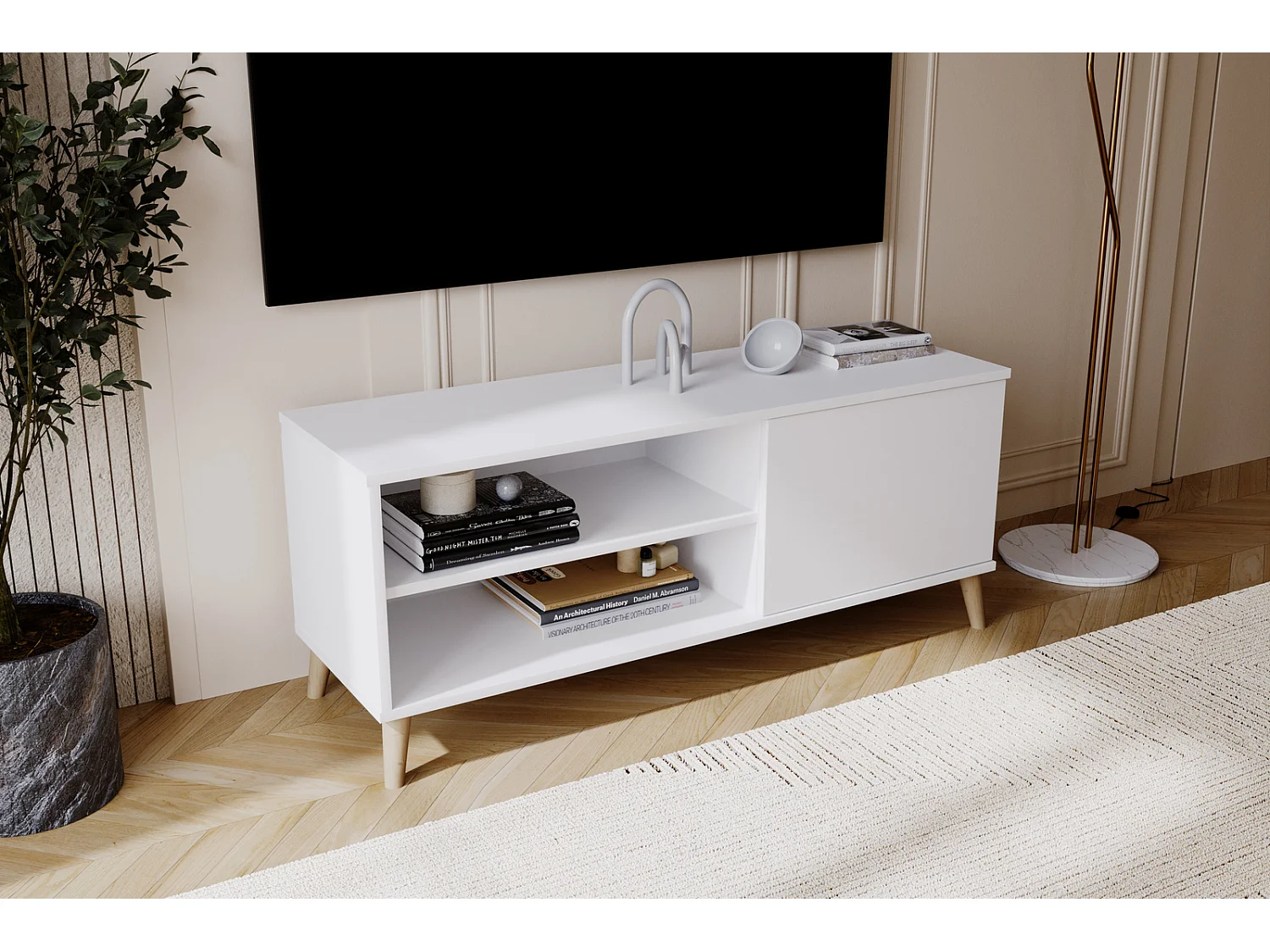 Meuble tv - viva - blanc - pieds en bois - style scandinave - l 110 cm x p 35 cm x h 51 cm – blanc