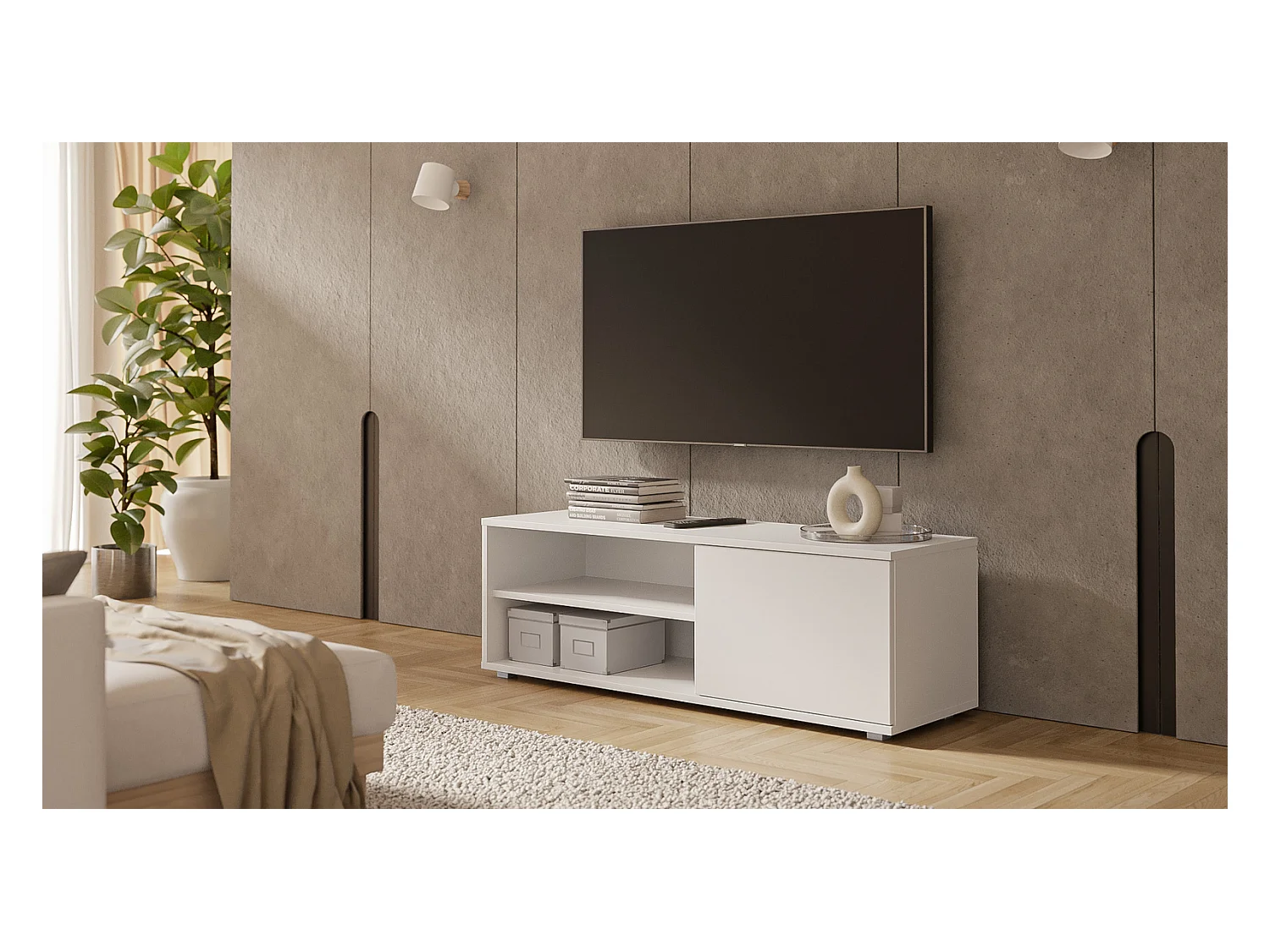 Meuble tv - viva - blanc - jambes en plastique- style scandinave - l 110 cm x p 35 cm x h 37 cm – blanc