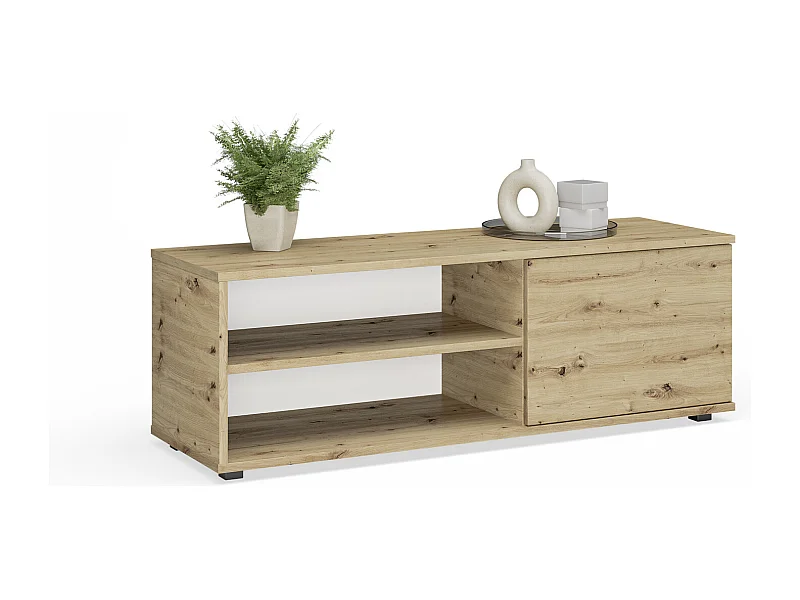 Meuble tv - viva - blanc - jambes en plastique - style scandinave - l 110 cm x p 35 cm x h 37 cm – chêne artisan