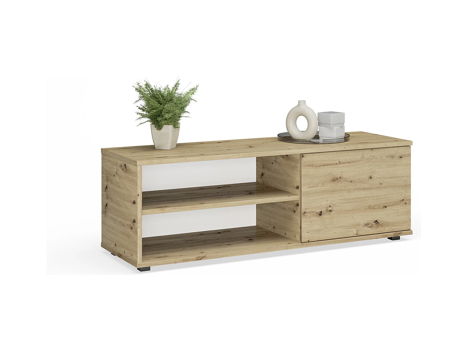 Meuble tv - viva - blanc - jambes en plastique - style scandinave - l 110 cm x p 35 cm x h 37 cm – chêne artisan