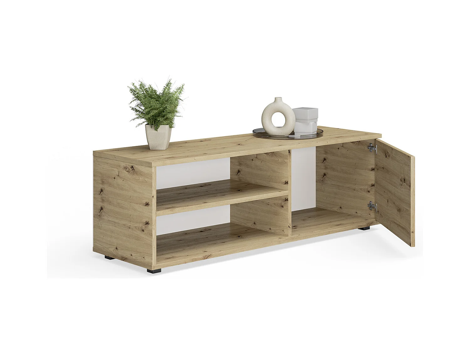 Meuble tv - viva - blanc - jambes en plastique - style scandinave - l 110 cm x p 35 cm x h 37 cm – chêne artisan