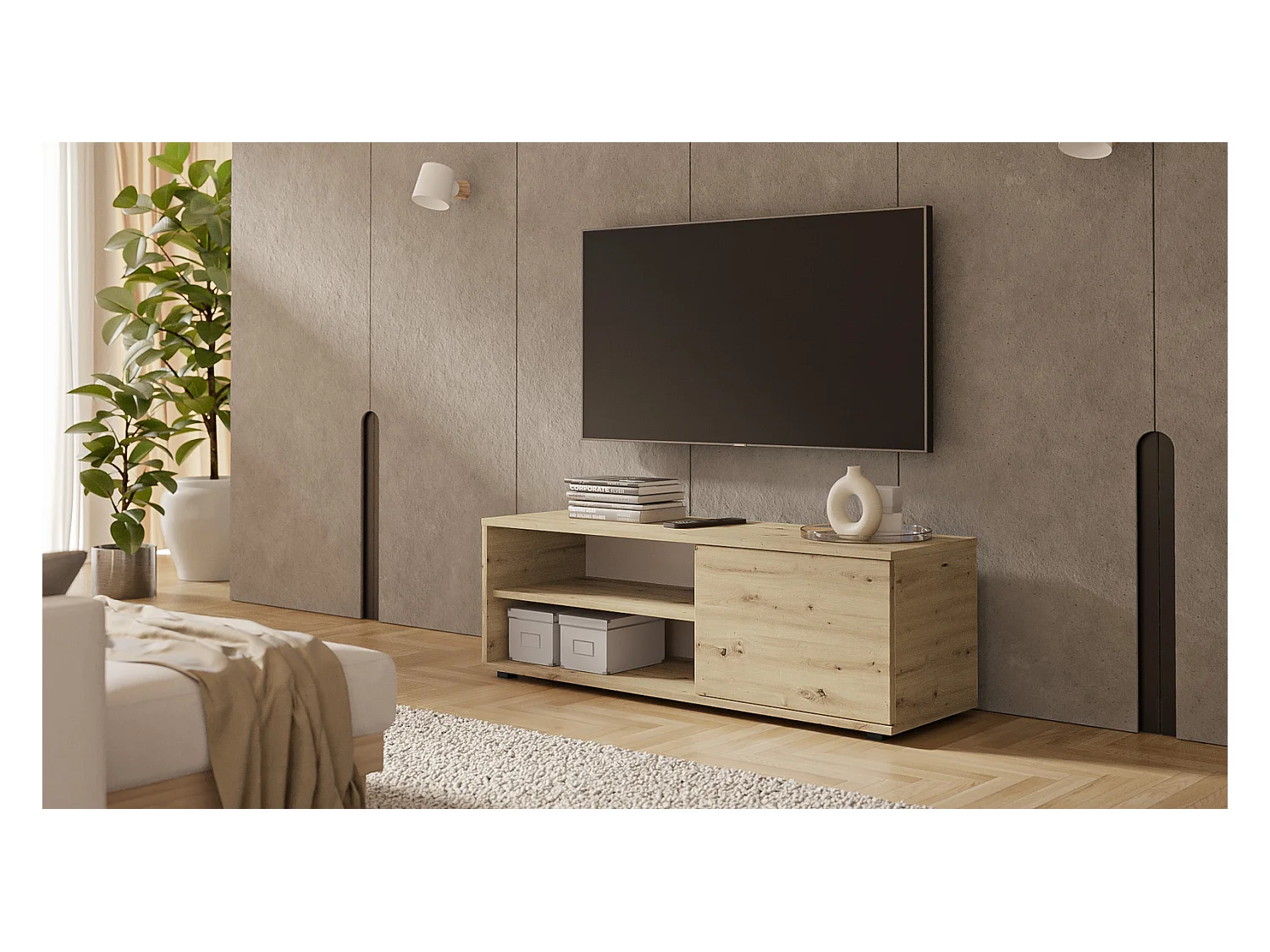 Meuble tv - viva - blanc - jambes en plastique - style scandinave - l 110 cm x p 35 cm x h 37 cm – chêne artisan