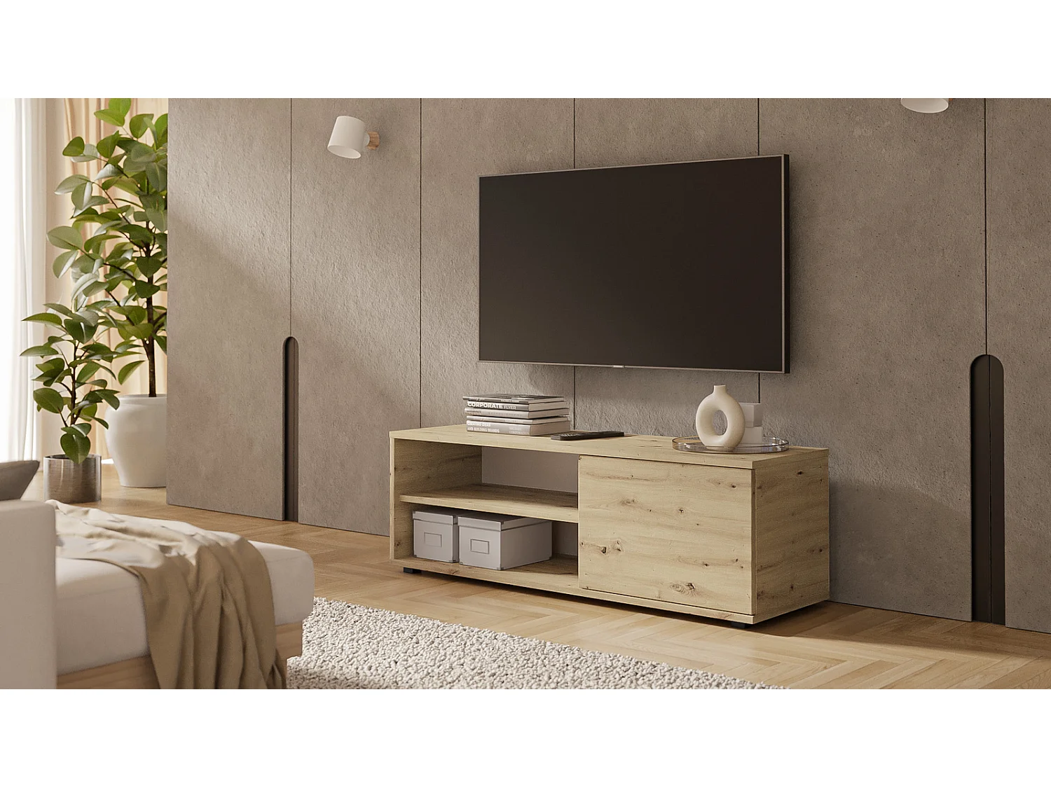 Meuble tv - viva - blanc - jambes en plastique - style scandinave - l 110 cm x p 35 cm x h 37 cm – chêne artisan