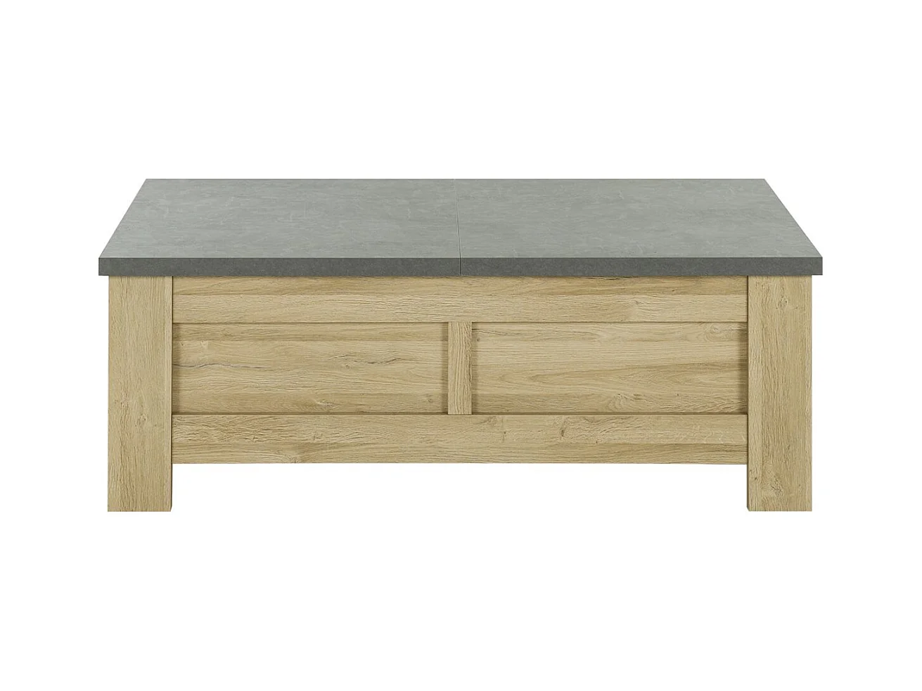Table basse effet bois chêne clair avec rangement coulissant
