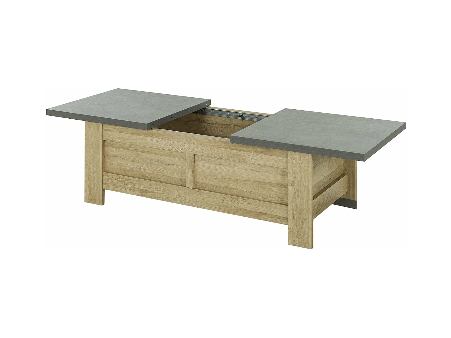 Table basse effet bois chêne clair avec rangement coulissant