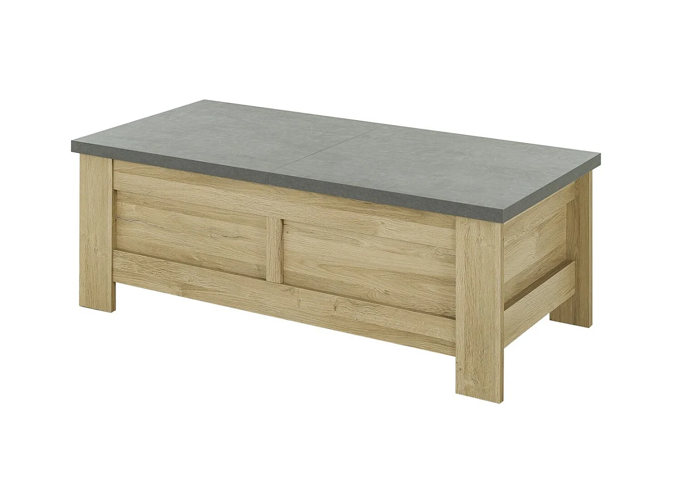Table basse effet bois chêne clair avec rangement coulissant