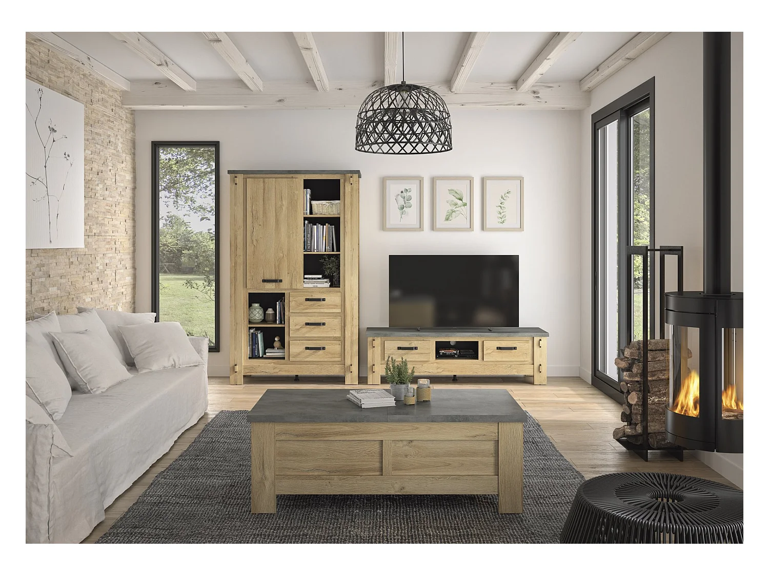 Table basse effet bois chêne clair avec rangement coulissant