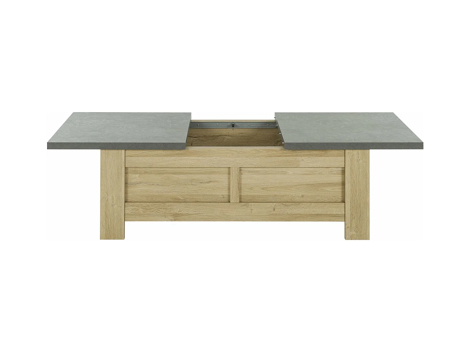 Table basse effet bois chêne clair avec rangement coulissant