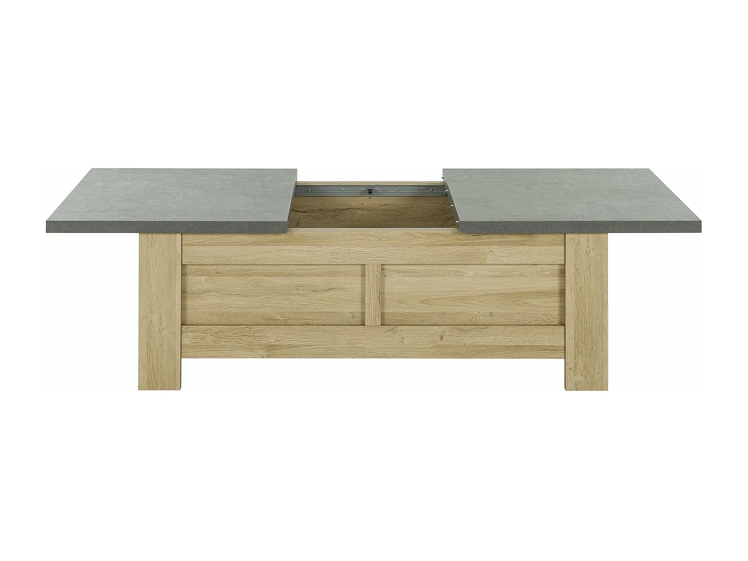 Table basse effet bois chêne clair avec rangement coulissant