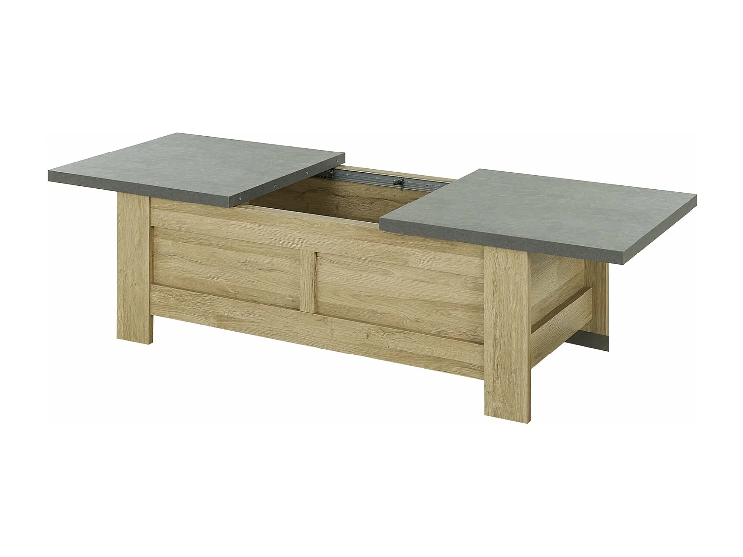 Table basse effet bois chêne clair avec rangement coulissant