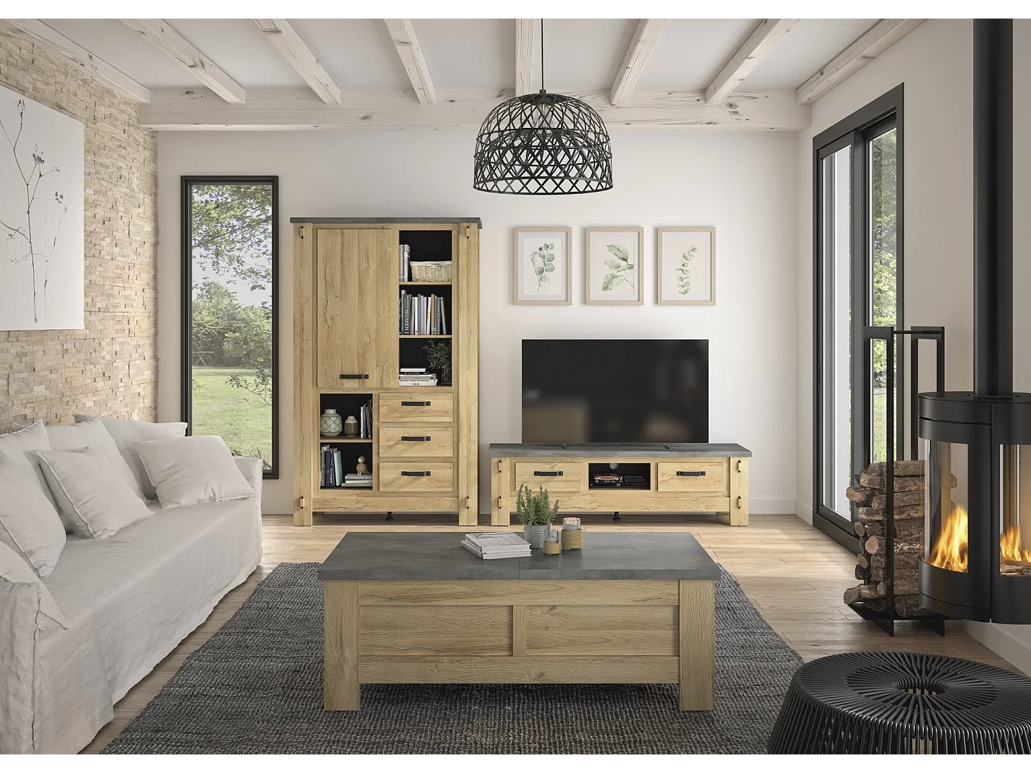 Table basse effet bois chêne clair avec rangement coulissant